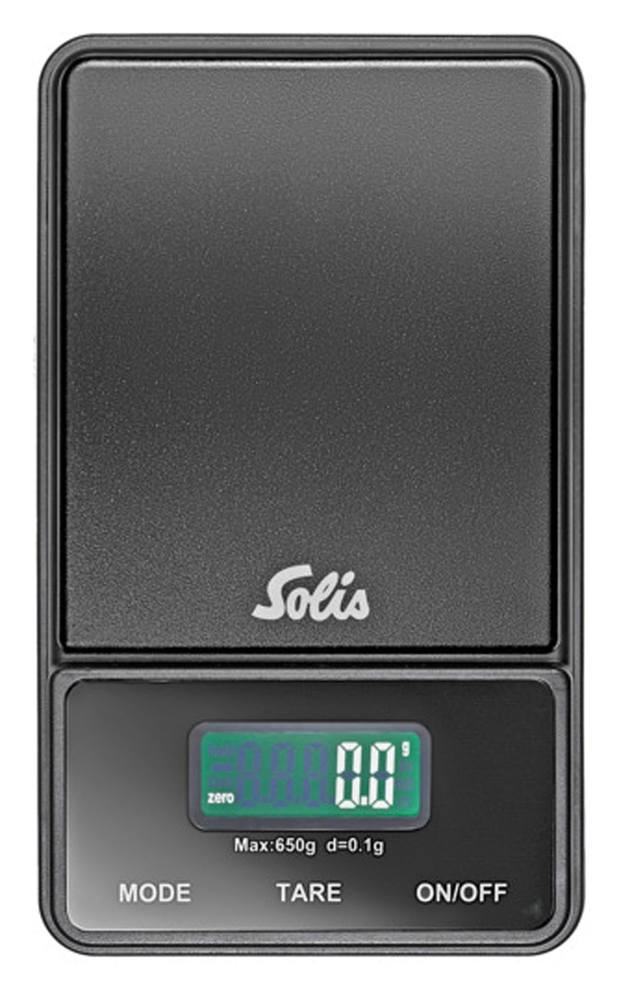 Kompakte SOLIS Küchenwaage, 650g max, 0,1g genau, mit Tara-Funktion, ideal für präzises Kochen und Backen.