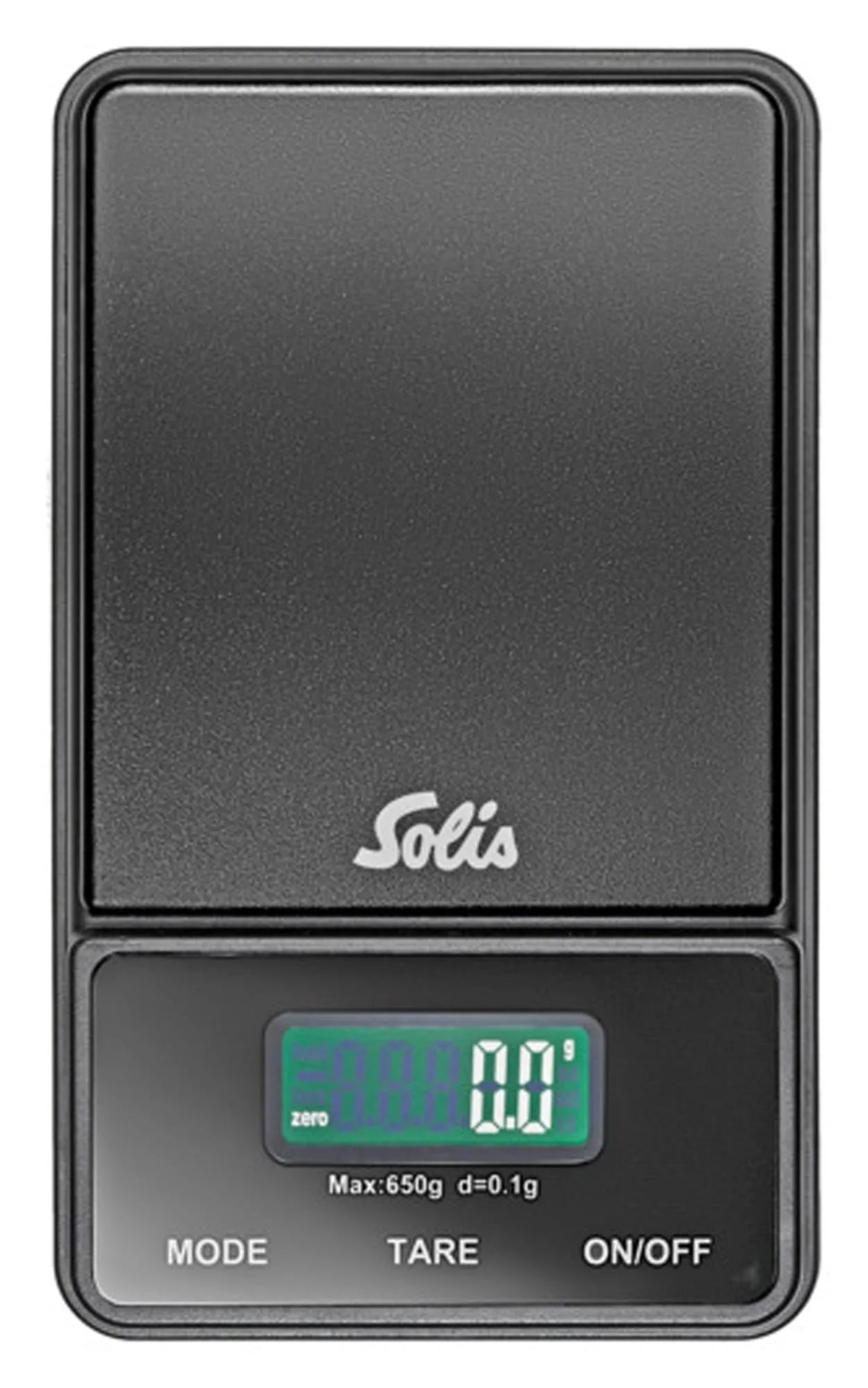 Kompakte SOLIS Küchenwaage, 650g max, 0,1g genau, mit Tara-Funktion, ideal für präzises Kochen und Backen.