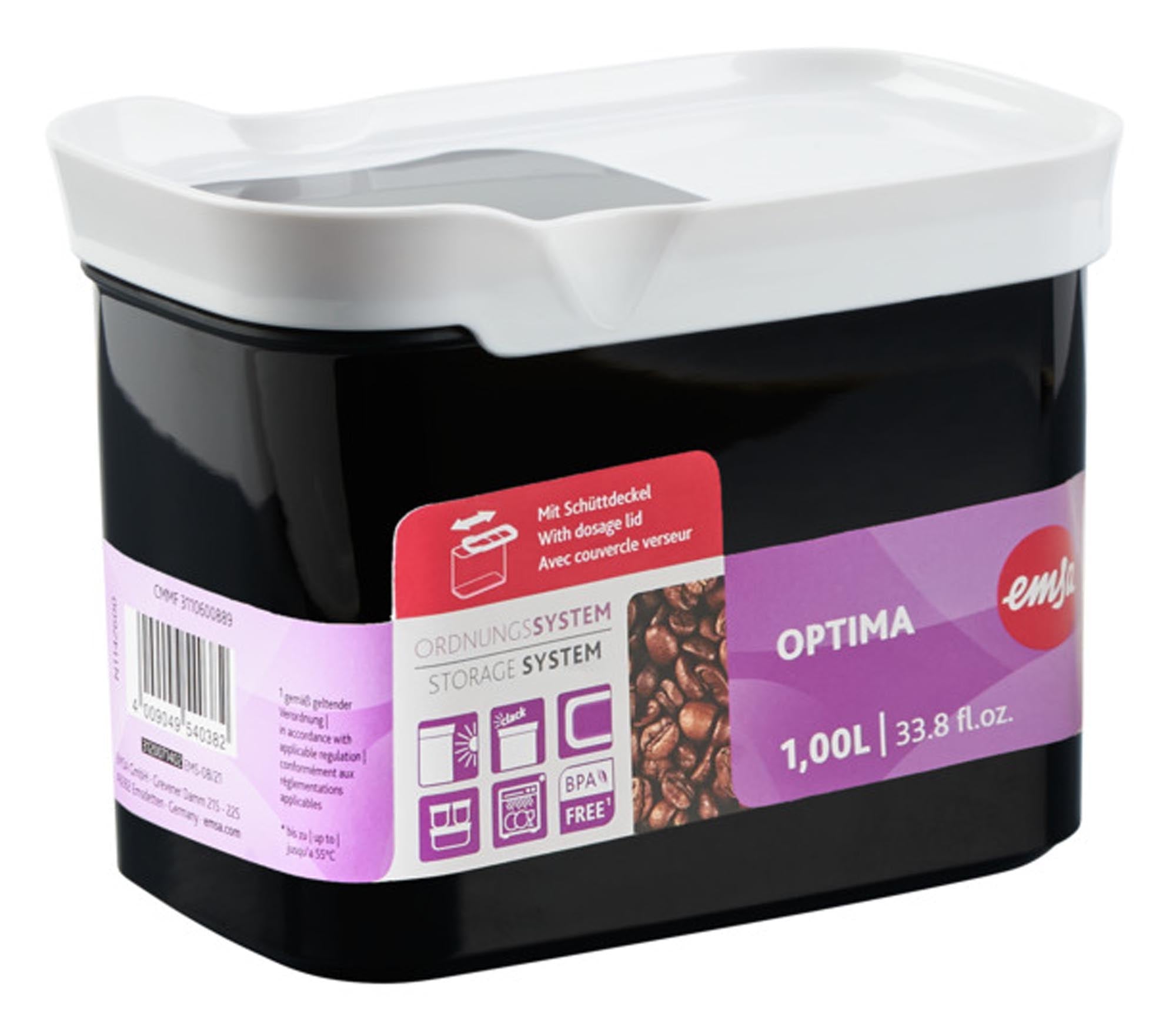 Die EMSA Schüttdose Optima, eckig, 1.0l, schwarz, bietet praktisches und sicheres Aufbewahren und Dosieren von Lebensmitteln.