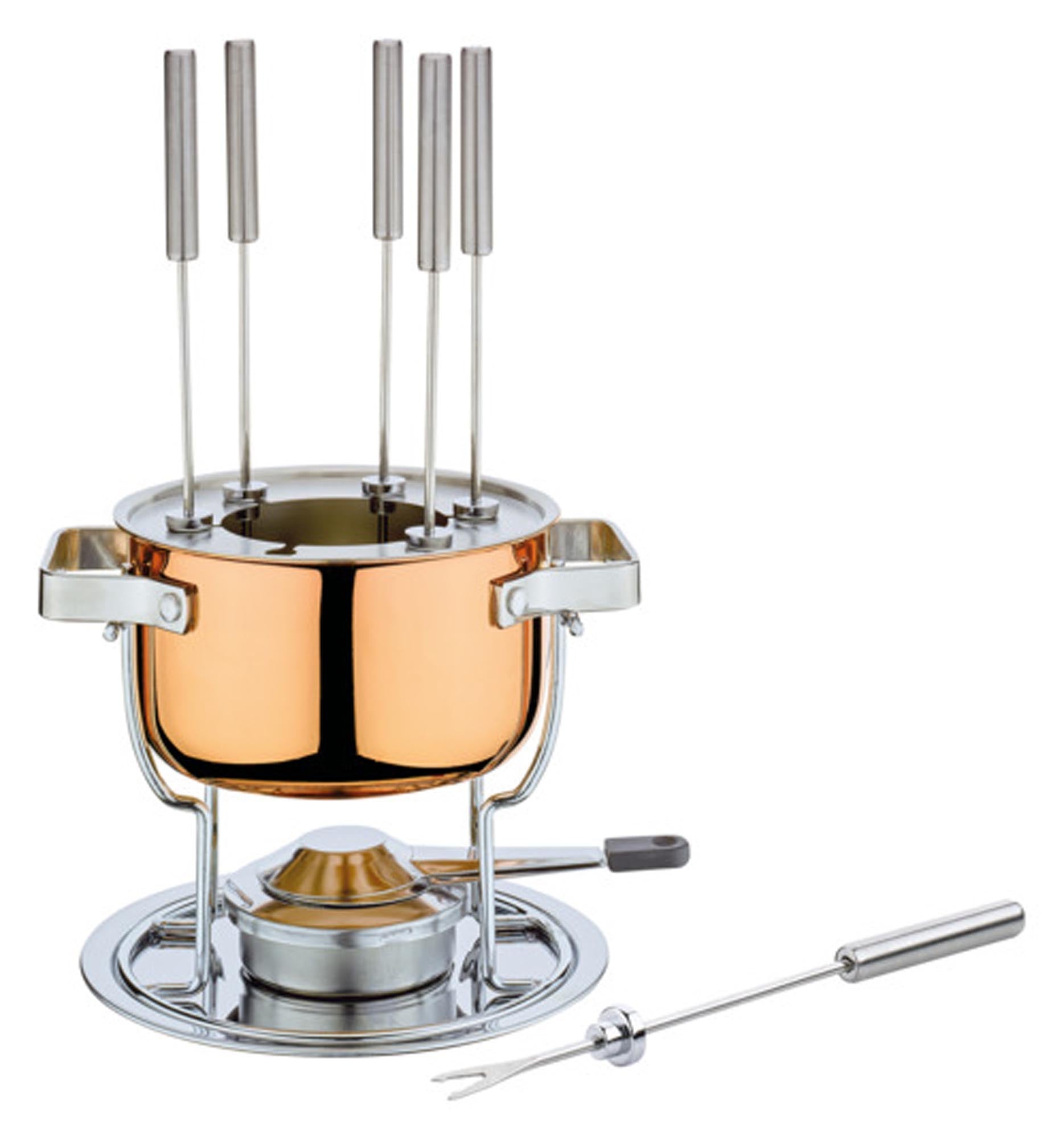 Elegante Fondue-Garnitur aus Edelstahl, ø 17 cm, ideal für Käse- und Fleischfondue. Langlebig, antihaftbeschichtet, ergonomisch.
