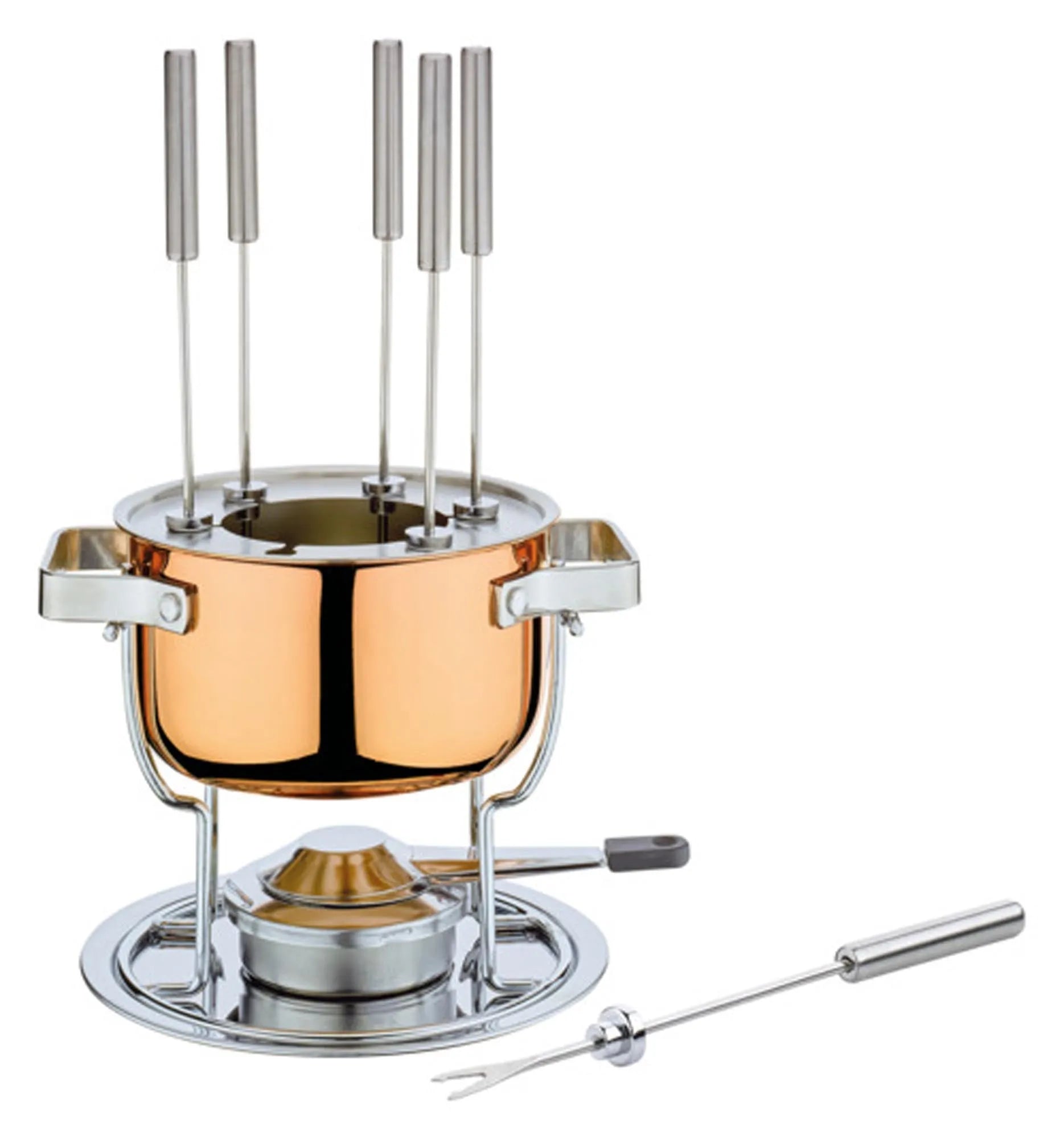 Elegante Fondue-Garnitur aus Edelstahl, ø 17 cm, ideal für Käse- und Fleischfondue. Langlebig, antihaftbeschichtet, ergonomisch.
