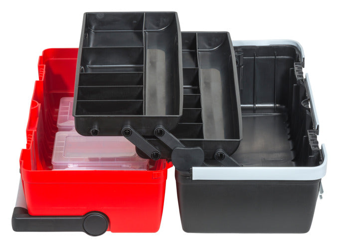 Robuster Werkzeugkasten aus Aluminium mit vielseitigen Fächern, ideal für die sichere Aufbewahrung und den Transport von Werkzeugen.