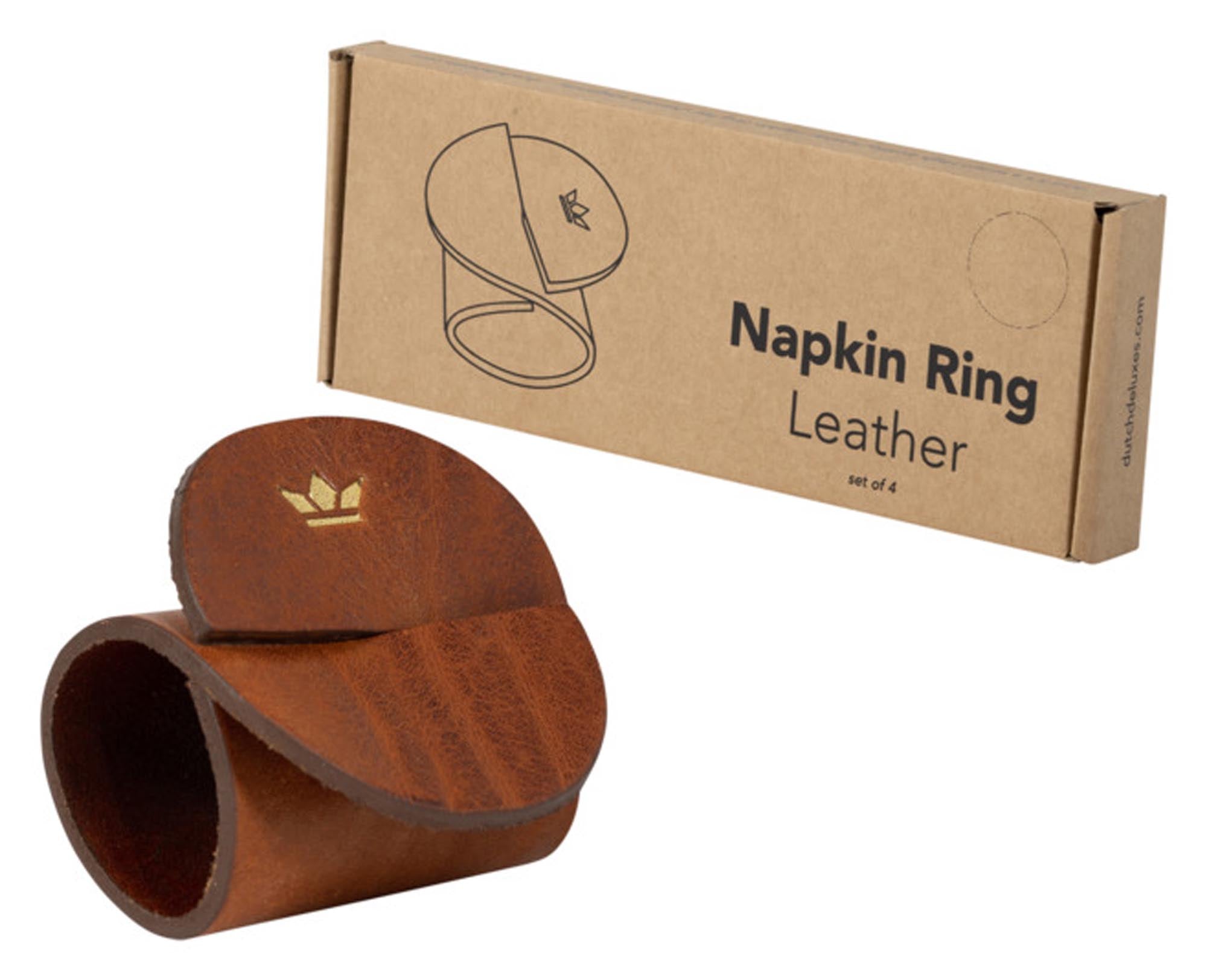 Elegante Serviettenringe aus hochwertigem Leder in Vintage Cognac, 4er-Set, stilvoll und praktisch für jeden gedeckten Tisch.