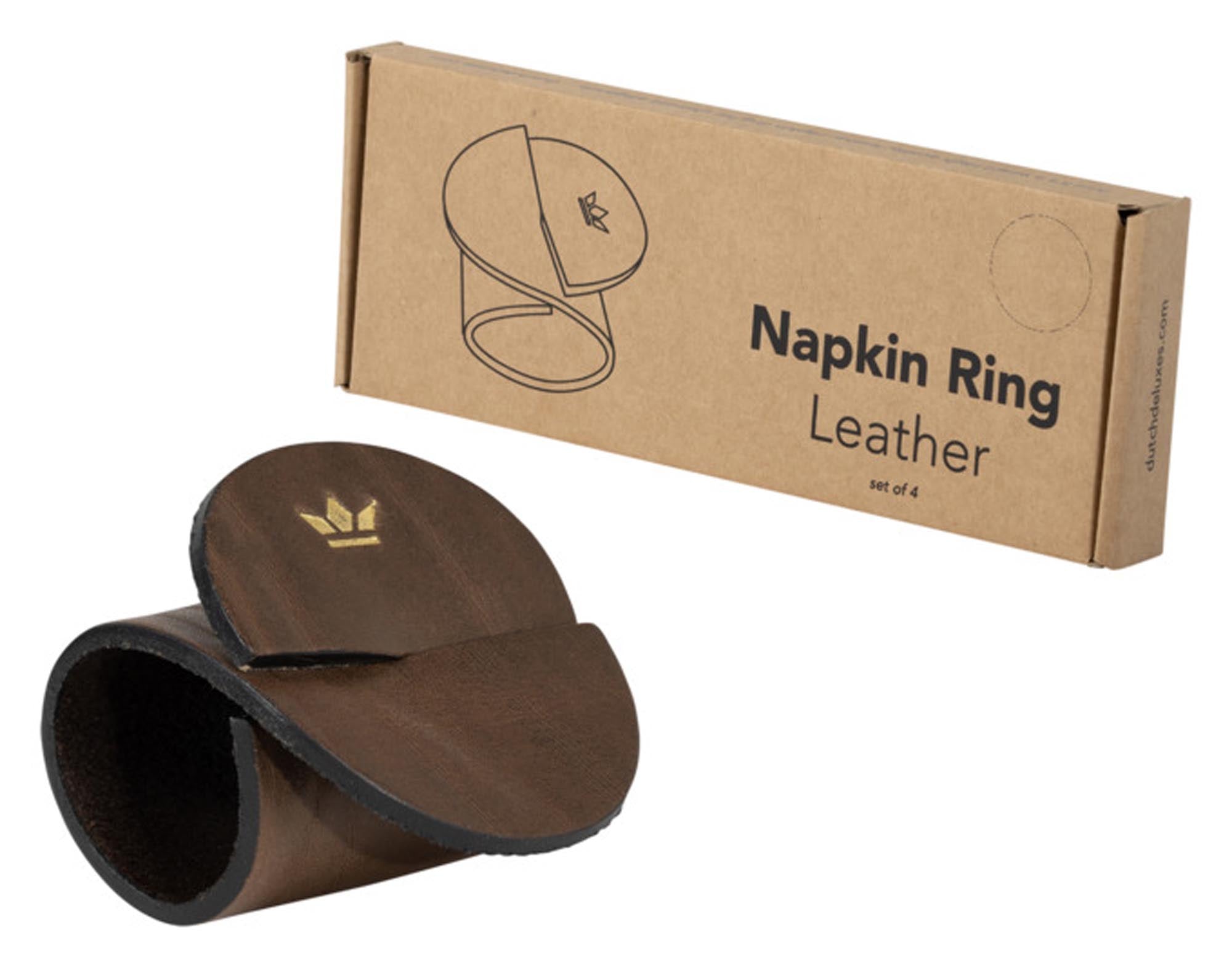 Elegante Serviettenringe aus Leder in Vintage-Braun von DUTCHDELUXES, 4er-Set, ideal für stilvolle Tischdekoration.
