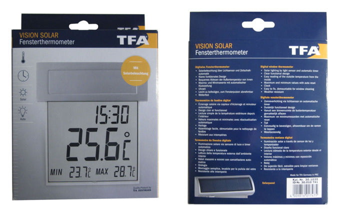 Das TFA Vision Solar Fensterthermometer zeigt präzise Außentemperaturen an, ist solarbetrieben und einfach am Fenster zu montieren.