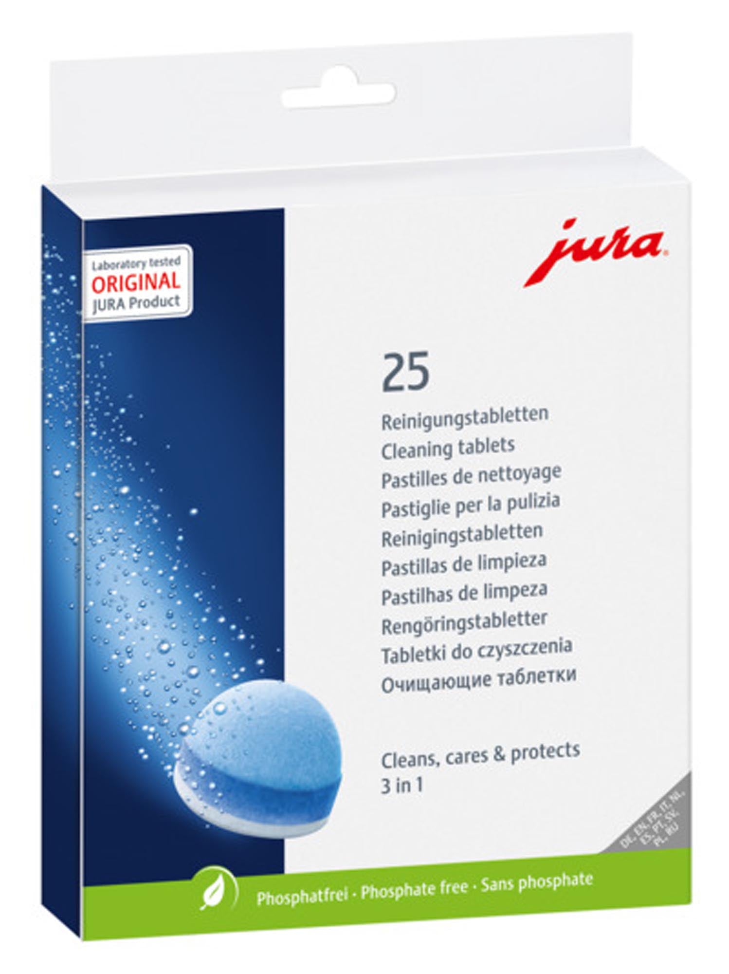JURA Reinigungstabletten 3-Phasen (25 Stück) für optimale Pflege Ihres Vollautomaten. Gründliche Reinigung, Schutz vor Ablagerungen, einfache Anwendung.