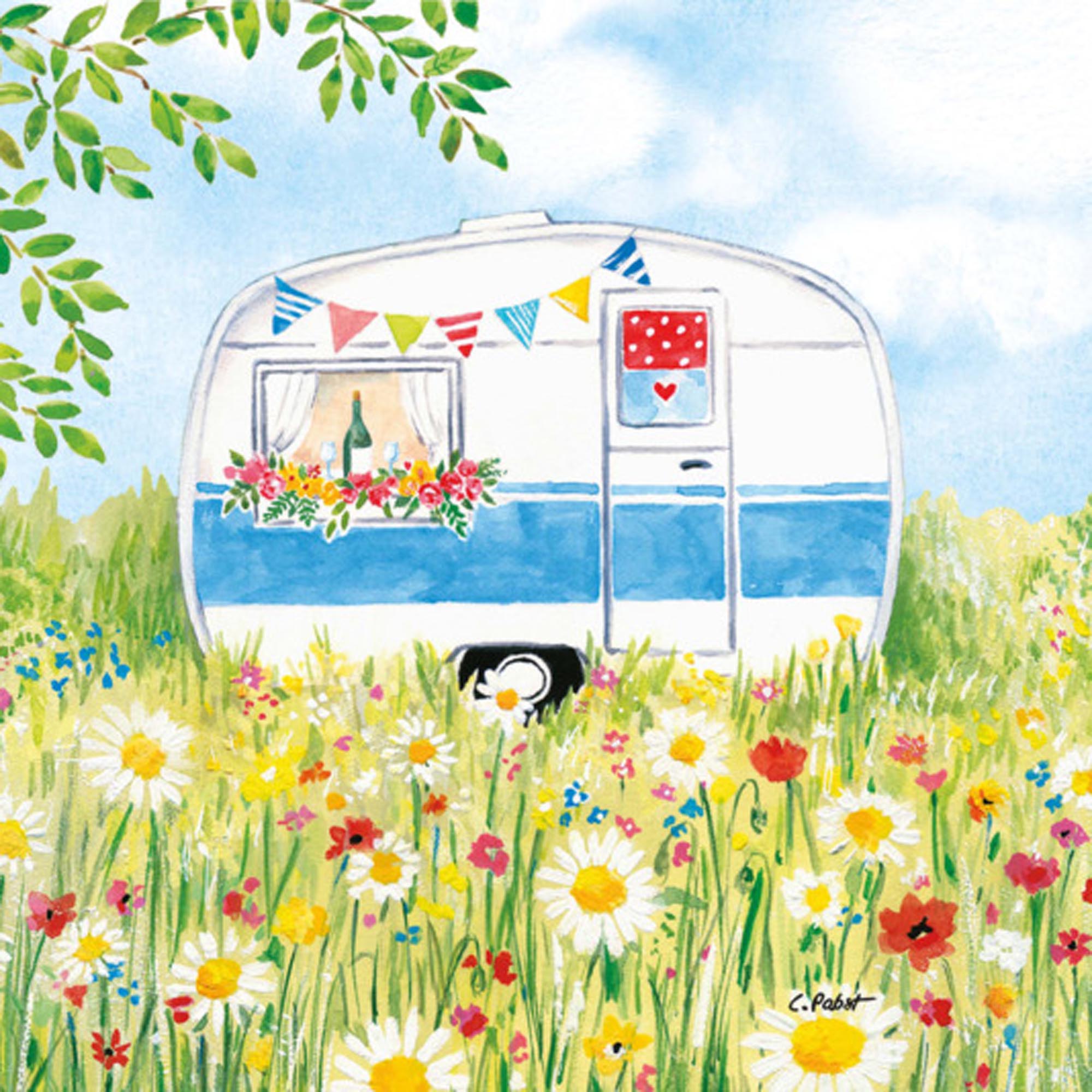 Fröhliche 33x33 cm Servietten mit Camping-Motiv, ideal für Picknicks, Grillen und nachhaltige Outdoor-Events.