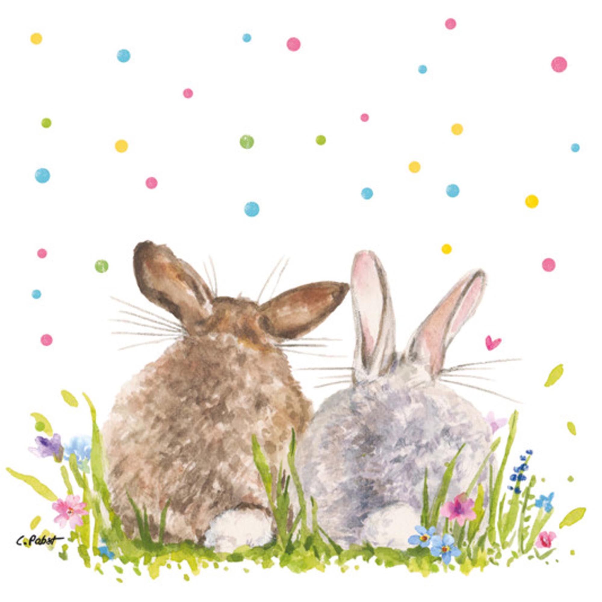 Fröhliche Ostermotive auf 3-lagigen, saugfähigen Servietten (33x33 cm) für eine festliche Tischdekoration.