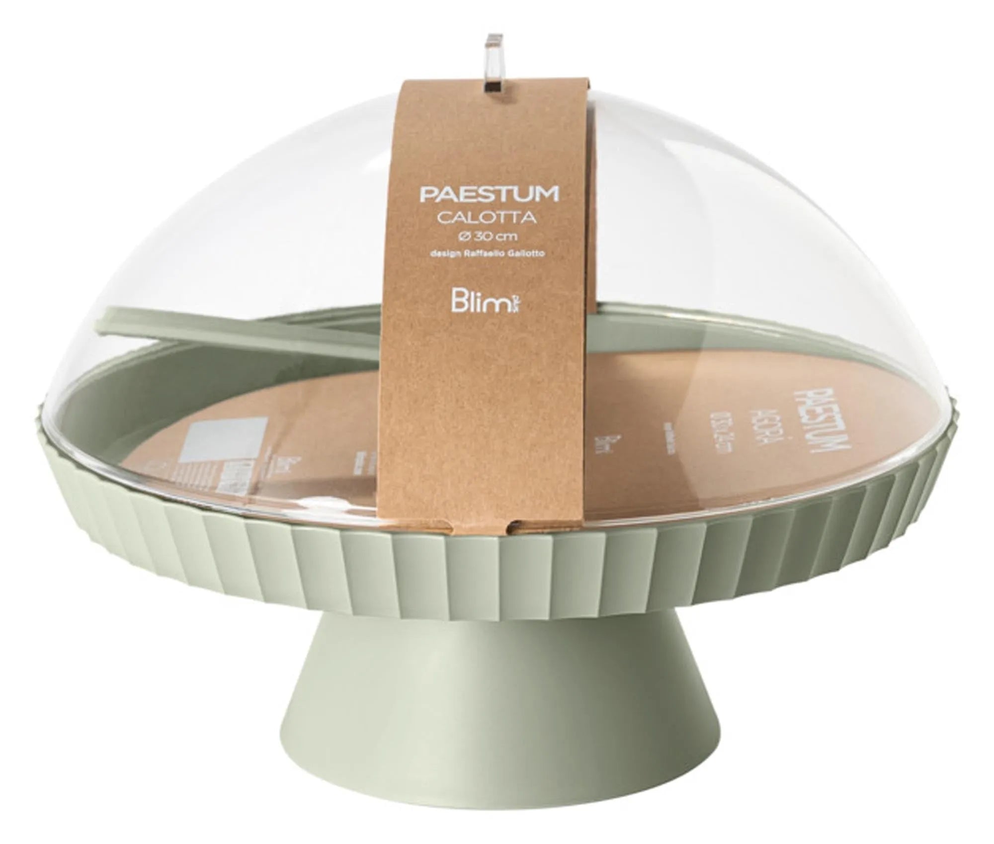 Elegante BLIM PLUS Schale auf Fuß mit Haube und Kuchenheber, ø 30 cm, ideal für stilvolles Servieren und Präsentieren von Kuchen.