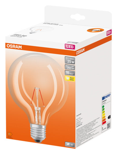 OSRAM LED-Lampe Retrofit Classic Globe E27 2.5W 250lm clear Warm White in  präsentiert im Onlineshop von KAQTU Design AG. Leuchtmittel ist von OSRAM