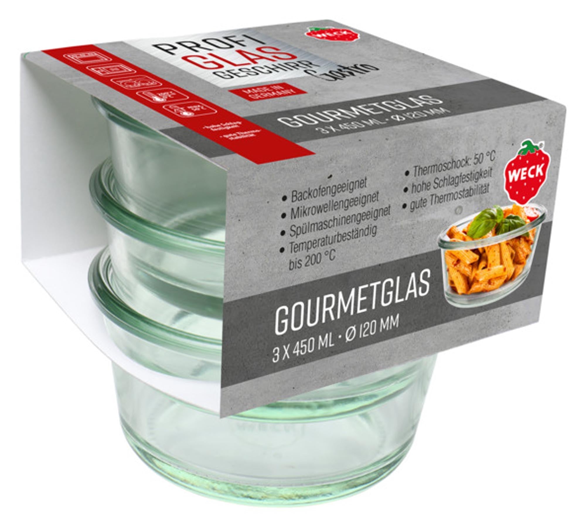 WECK Gourmetgläser Gastropack ohne Deckel 3x450ml ø 12 cm in  präsentiert im Onlineshop von KAQTU Design AG. Küchenhelfer ist von WECK