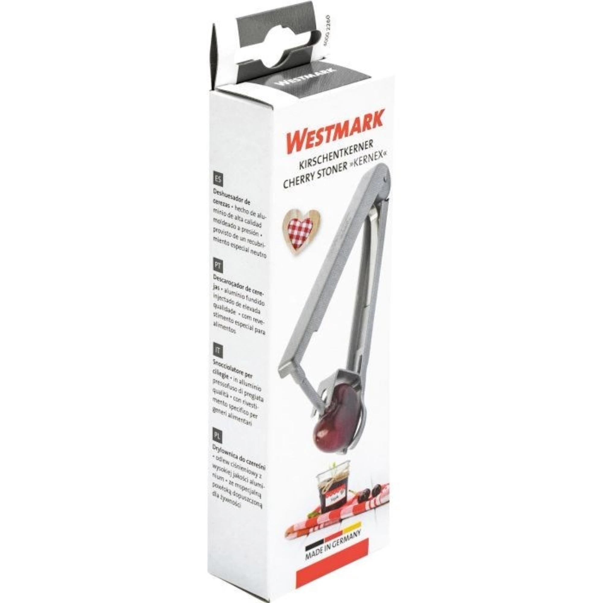 Praktischer Kirschentkerner von Westmark, kompakt und robust, für müheloses Entkernen, Maße: 14x4x2.5cm, einfach zu handhaben.