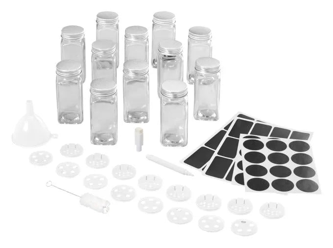 Praktisches METALTEX Gewürzstreuer-Set mit 12 Gläsern und Zubehör, ideal zur Aufbewahrung und Organisation Ihrer Gewürze in der Küche.