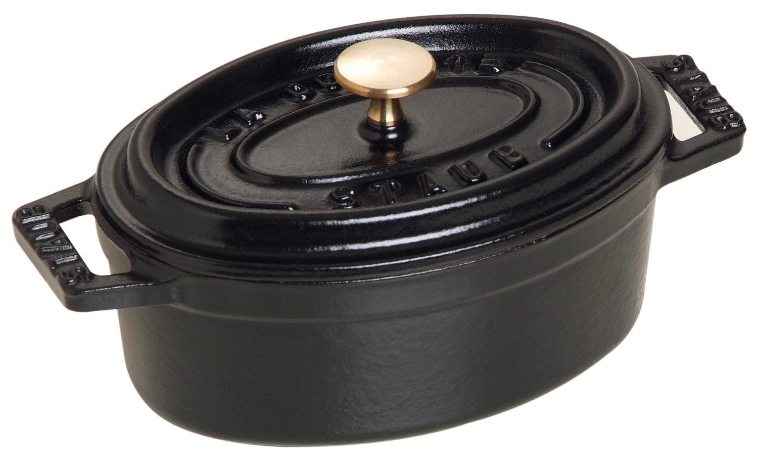 Ovaler Cocotte-Bräter aus Gusseisen, 2,35 Liter, in elegantem Schwarz mit glänzender Oberfläche und zwei seitlichen Griffen.