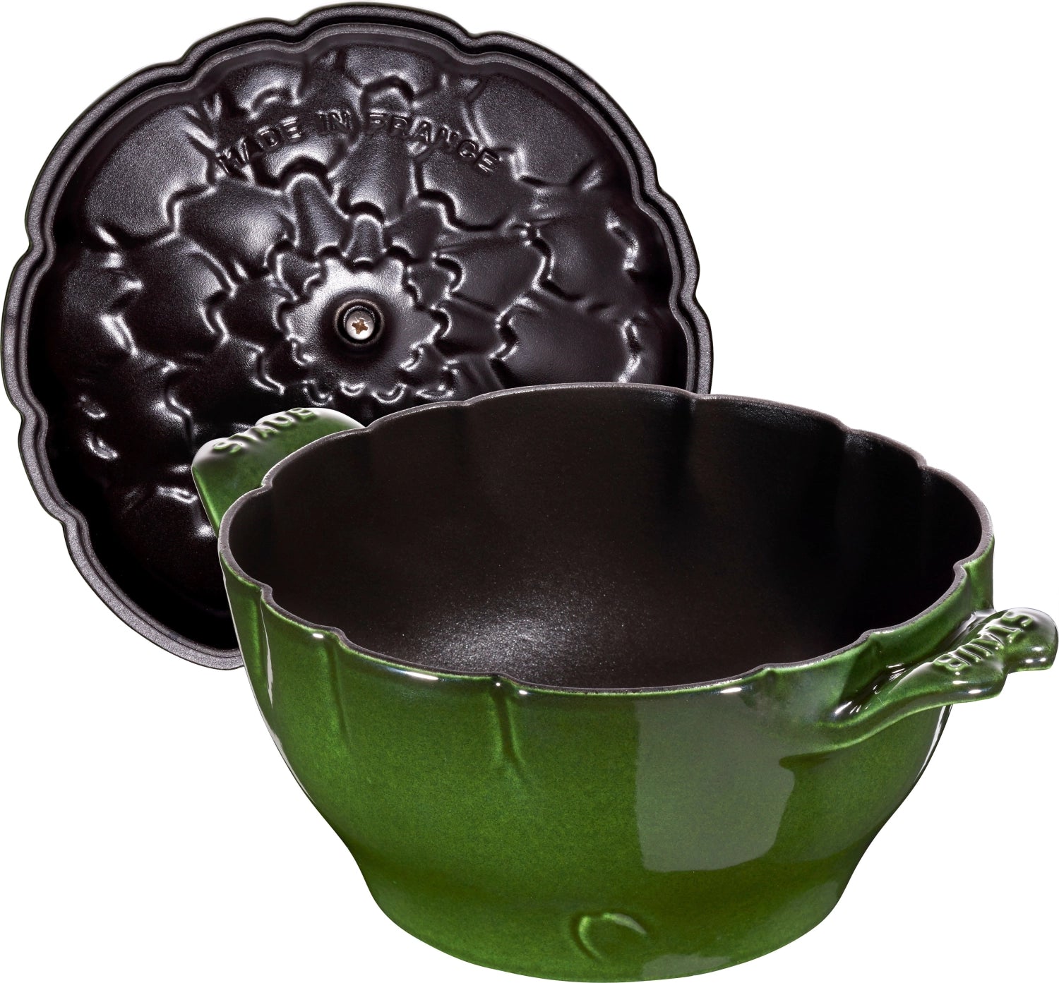 Elegante Cocotte mit 22 cm Durchmesser in Artischocke-Basilikum-Grün, gefertigt aus robustem Gusseisen für köstliche Kochkreationen.