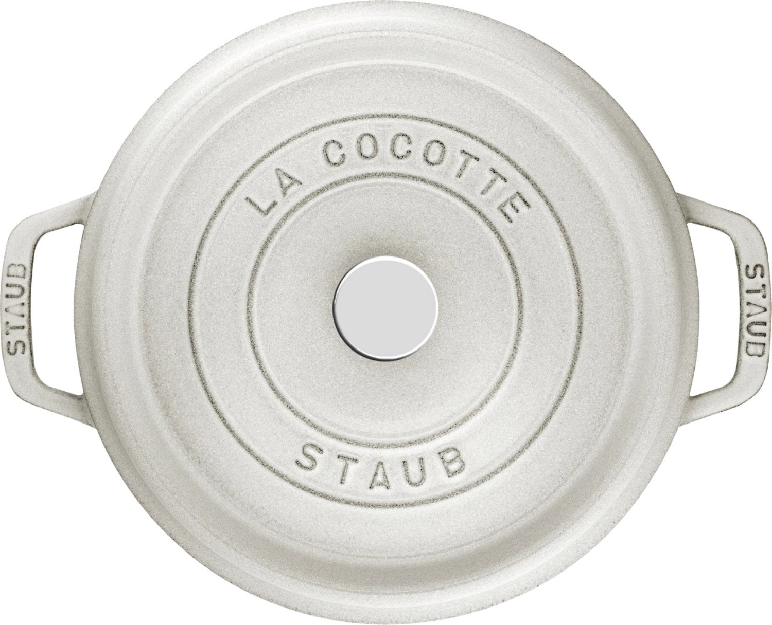 Runde Cocotte von Staub, 20 cm, aus langlebigem Gusseisen, in edlem Weiß mit Trüffel-Muster, ideal für stilvolles Kochen und Servieren.