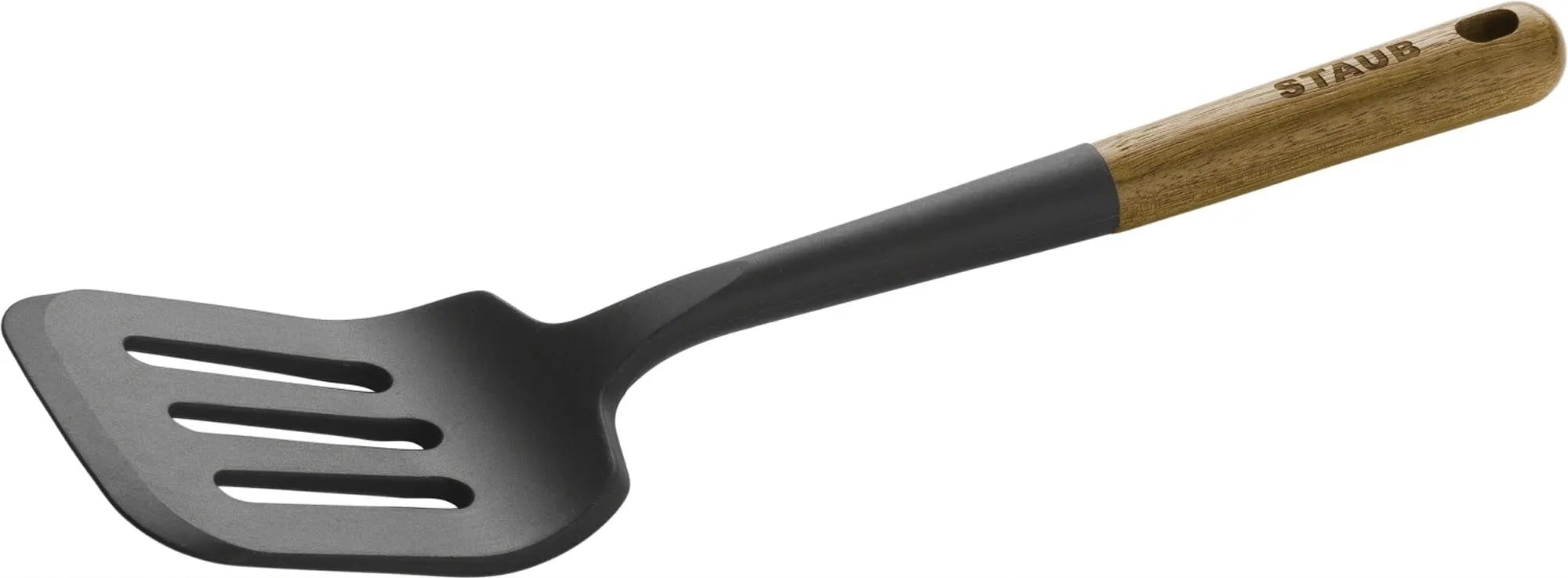 Eleganter 31 cm Wender aus Akazie und Silikon von Staub: robust, hitzebeständig, sanft zu Pfannen, ergonomisch und stilvoll.