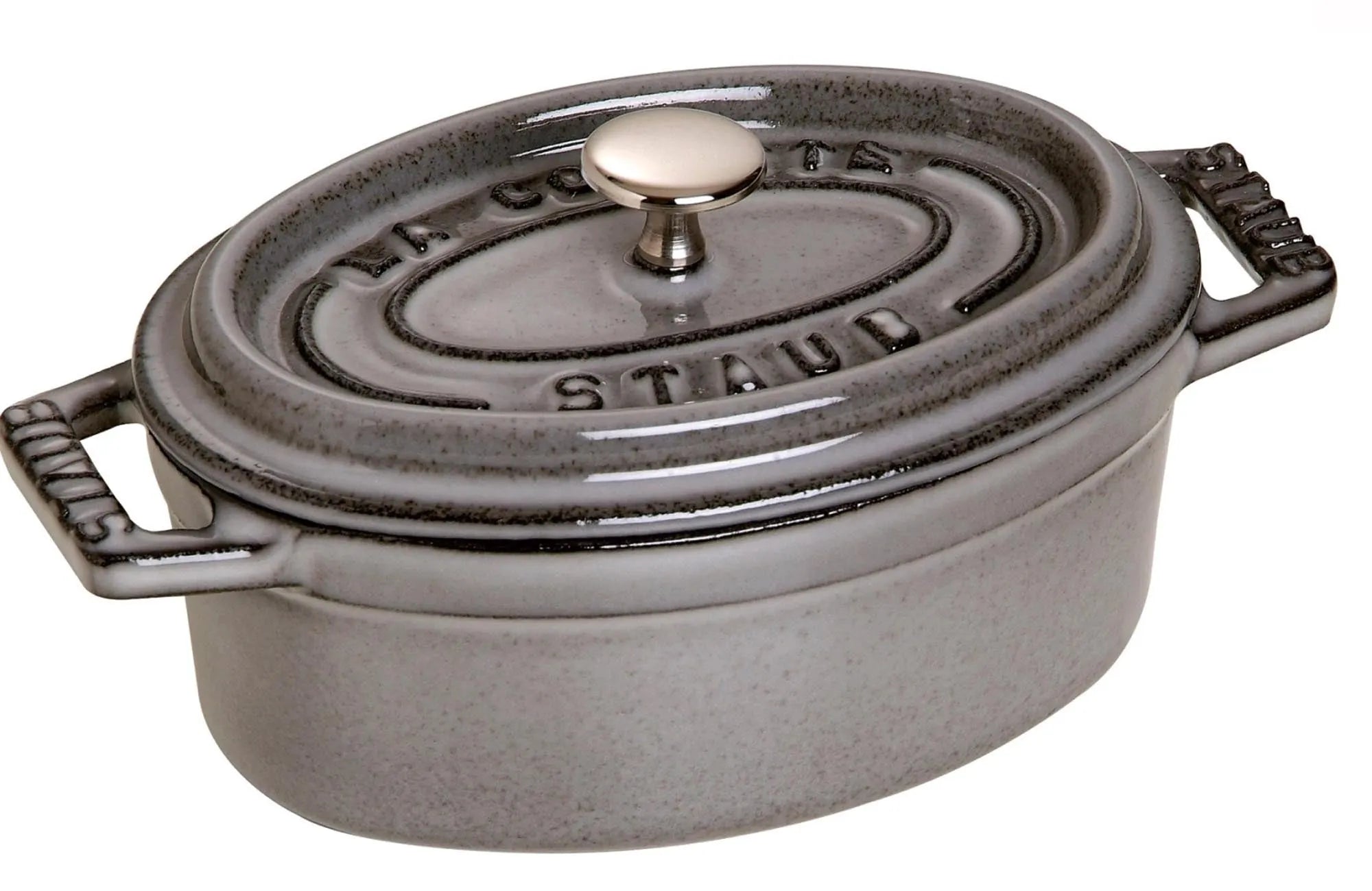 Elegante, graphit-graue Cocotte aus Gusseisen, 33 cm, 6.7l. Perfekte Wärmeverteilung, ofen- und induktionsgeeignet, pflegeleicht.
