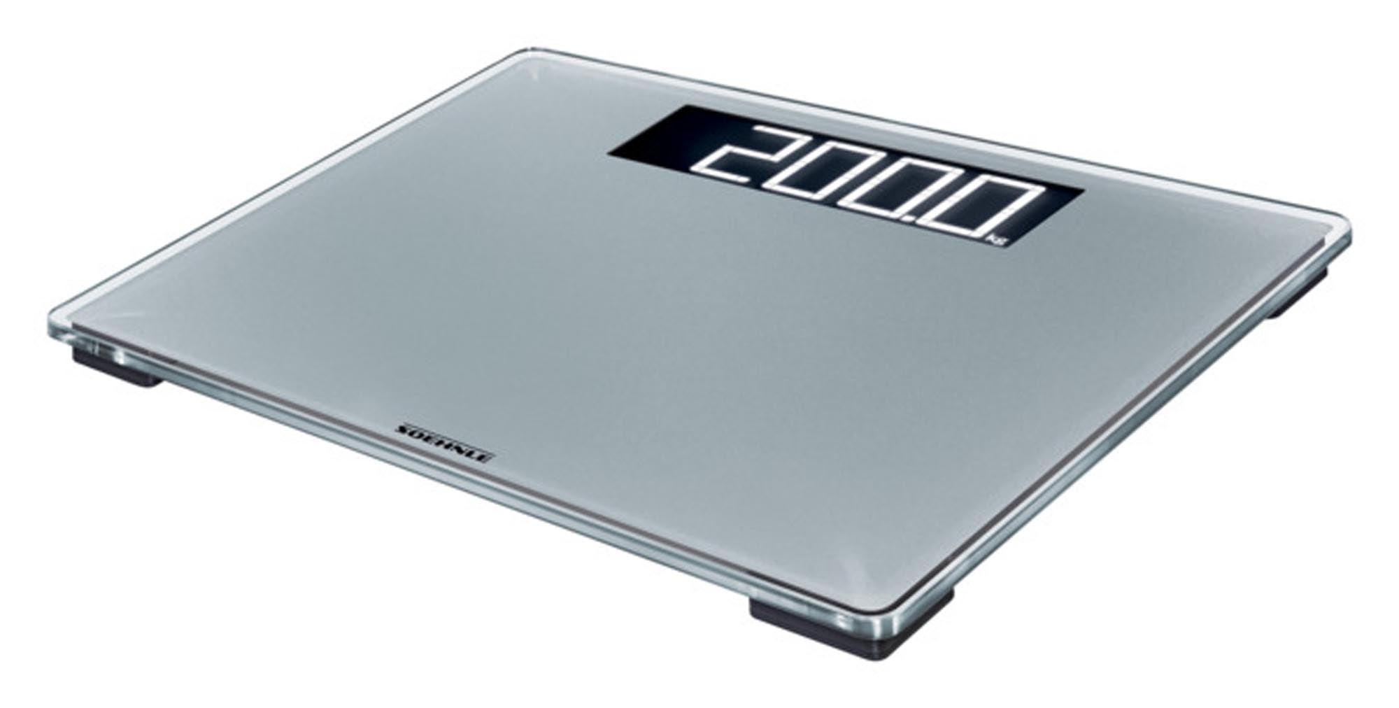 Elegante Personenwaage von SOEHNLE, 200 kg Tragkraft, präzise, aus Sicherheitsglas, modernes Design, energiesparend.