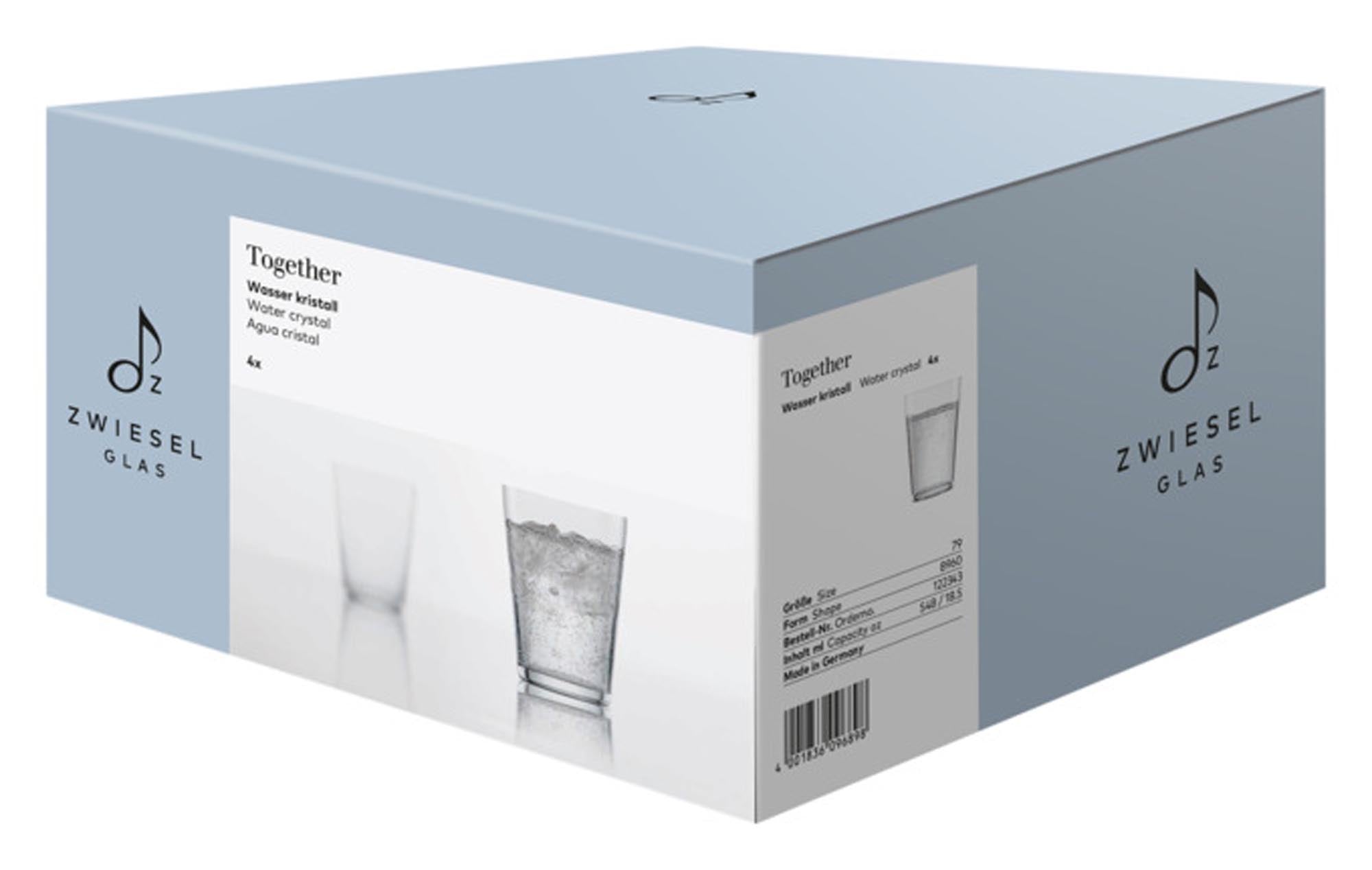 Elegante Wassergläser von ZWIESEL GLAS in smoke blue, Set aus 4 Stück, ideal für stilvolle Tischdekoration und hochwertige Getränke.