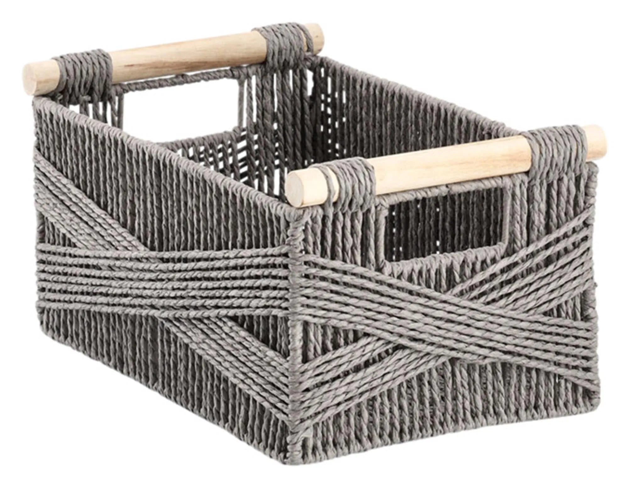 Stilvoller Aufbewahrungskorb aus Papiergeflecht und Holz, 34x22x18 cm, ideal für Regale und Schränke, vereint Eleganz und Funktionalität.