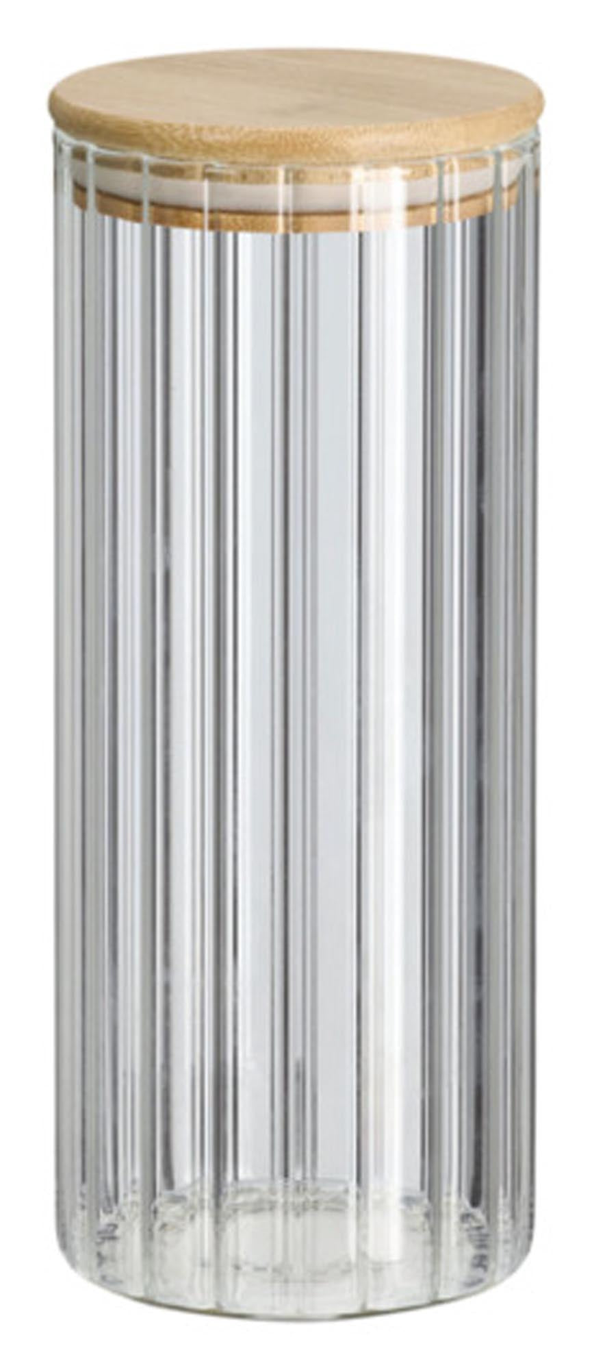 Elegantes Vorratsglas mit Rillenstruktur und Bambusdeckel, 1100 ml, ideal für Reis, Nudeln, Snacks. Stilvoll und praktisch für jede Küche.