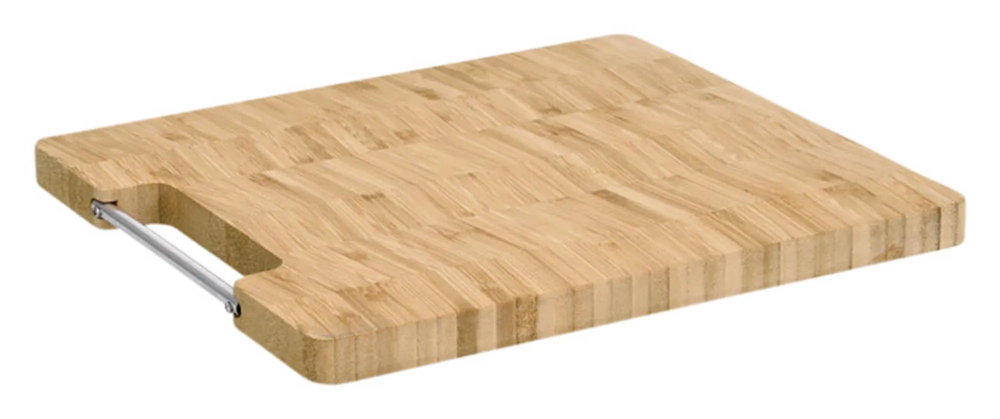 Elegantes Bambus-Schneidbrett mit Fischgrätmuster und Metallgriff, 32x28x2 cm, robust, hygienisch, ideal zum Schneiden und Servieren.