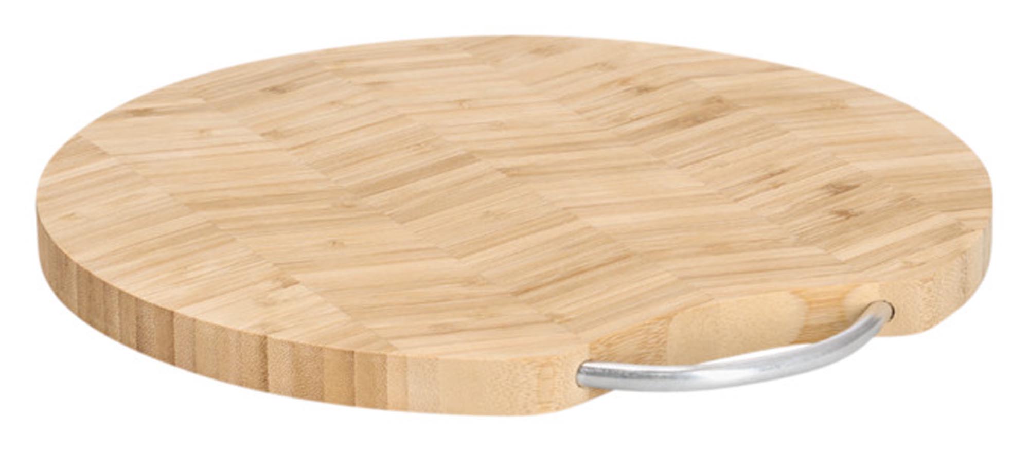 Elegantes Fischgrät-Schneidebrett aus Bambus mit Metallgriff, ø32x2 cm, robust, antibakteriell, ideal zum Schneiden & Servieren.