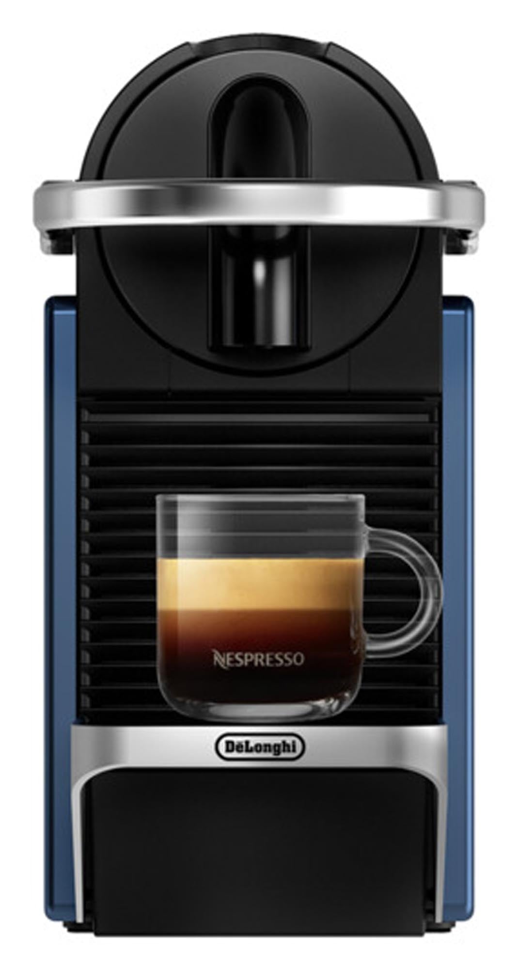 Kompakte Nespresso Pixie Kaffeemaschine in Blau von De'Longhi, stilvolles Design, schnelle Aufheizung, ideal für Espresso-Liebhaber.