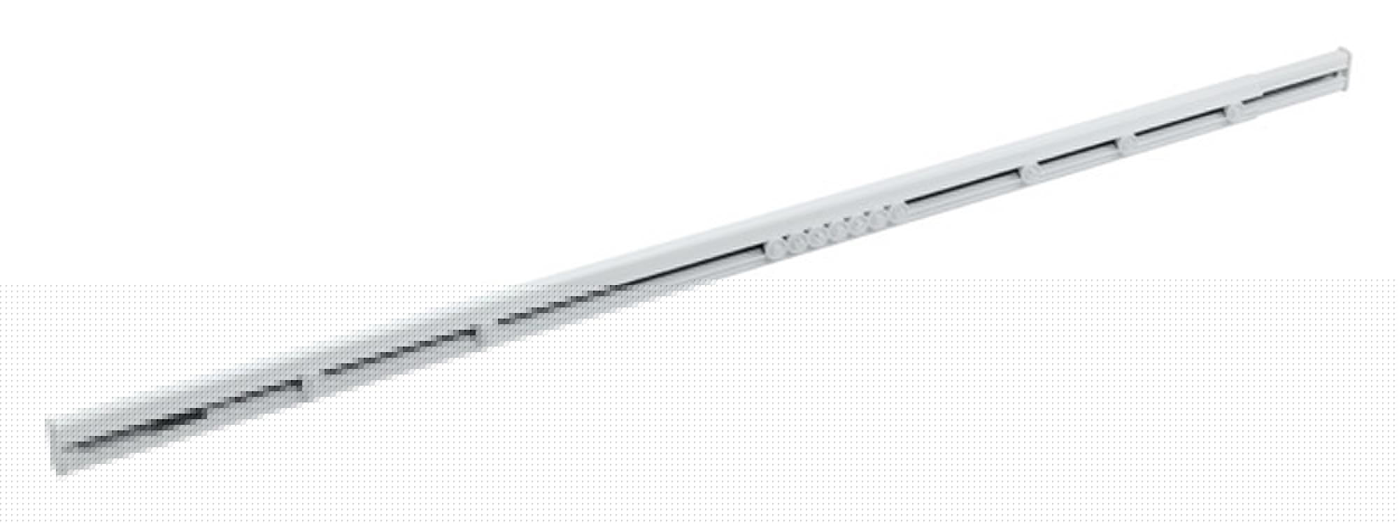 Verstellbare Duschvorhangschiene (125-210 cm) aus Aluminium, korrosionsbeständig, mit flexiblem Montagesystem und leisem Gleitsystem.