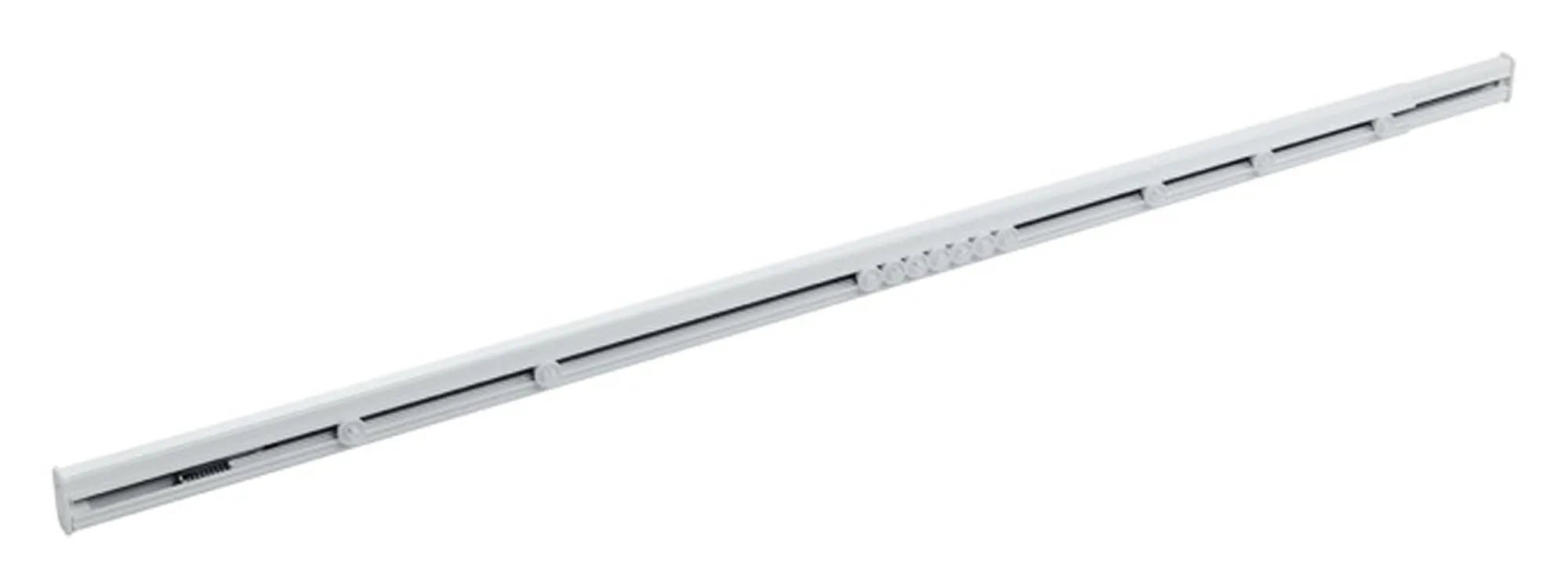 Verstellbare Duschvorhangschiene (125-210 cm) aus Aluminium, korrosionsbeständig, mit flexiblem Montagesystem und leisem Gleitsystem.