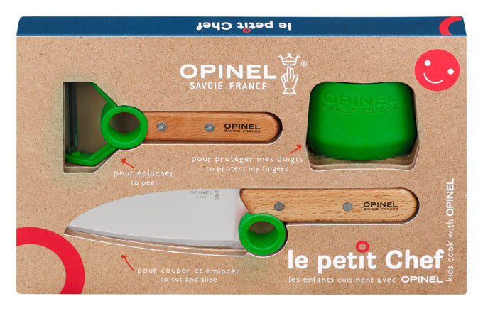 OPINEL Küchenwerkzeug Kinder Set le petit Chef 3-teilig grün Messer Peeler Fingerschutz in  präsentiert im Onlineshop von KAQTU Design AG. Küchenhelfer ist von OPINEL