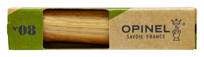 Elegantes OPINEL Nr. 8 Messer mit 8.5 cm Edelstahlklinge und edlem Eichenholzgriff, ideal für Outdoor und Alltag, in stilvoller Box.