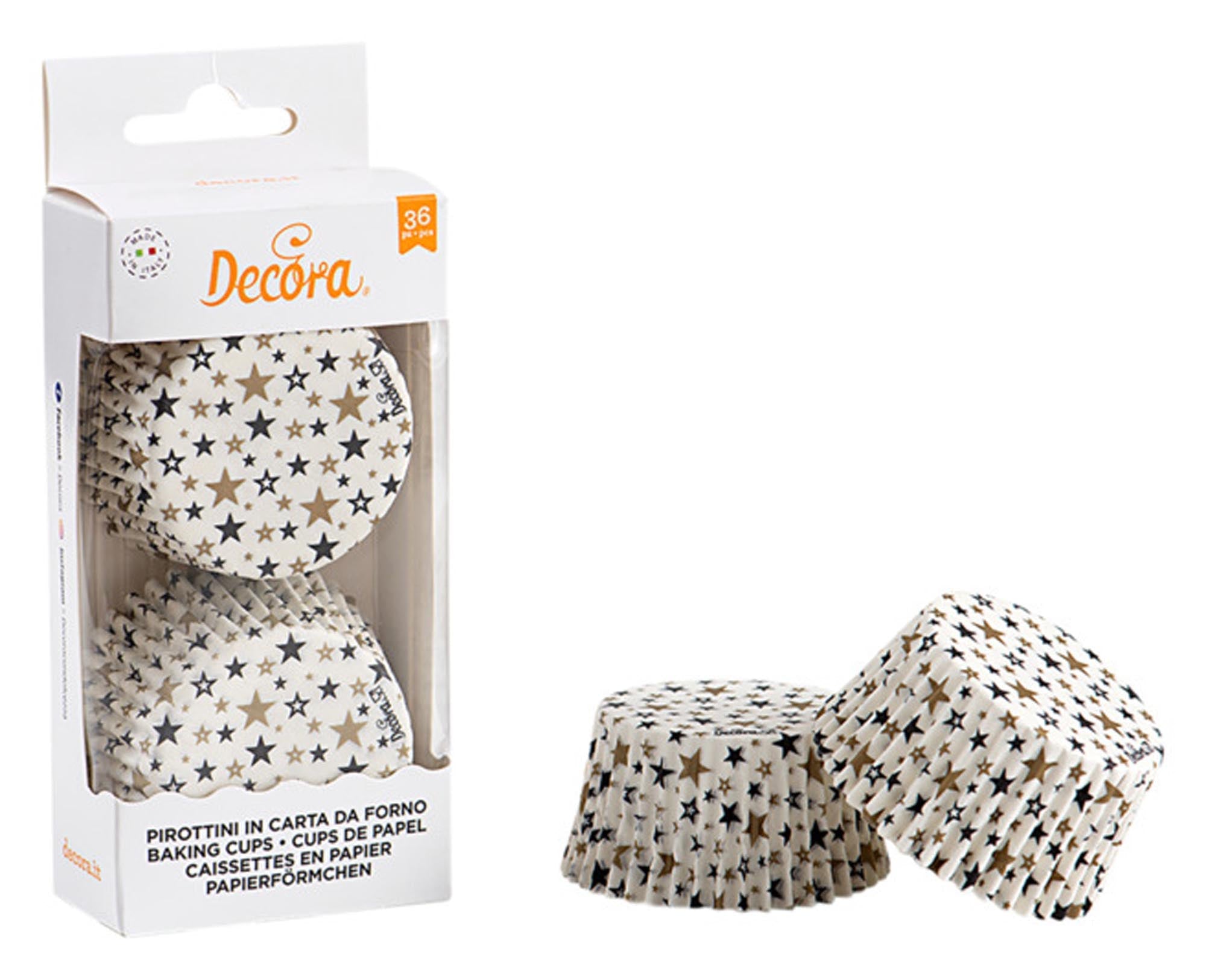 Elegante schwarze und goldene Papier-Backförmchen mit Sternenmuster, hitzebeständig bis 220°C, ideal für Muffins und Cupcakes.