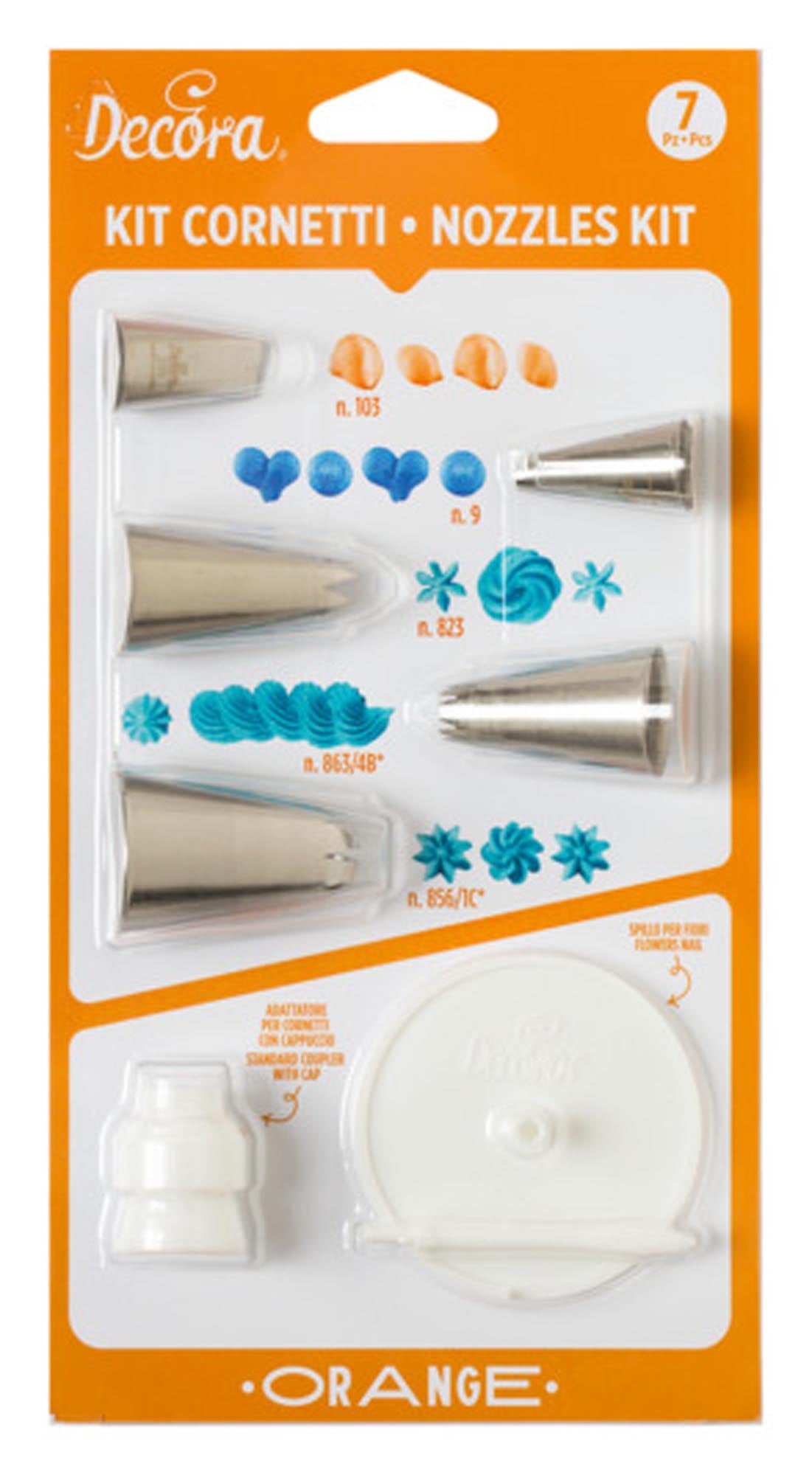 DECORA Spritztüllen-Set orange 7-teilig 5 Tüllen 1 Adapter 1 Blumen-Nagel in  präsentiert im Onlineshop von KAQTU Design AG. Backzubehör ist von DECORA