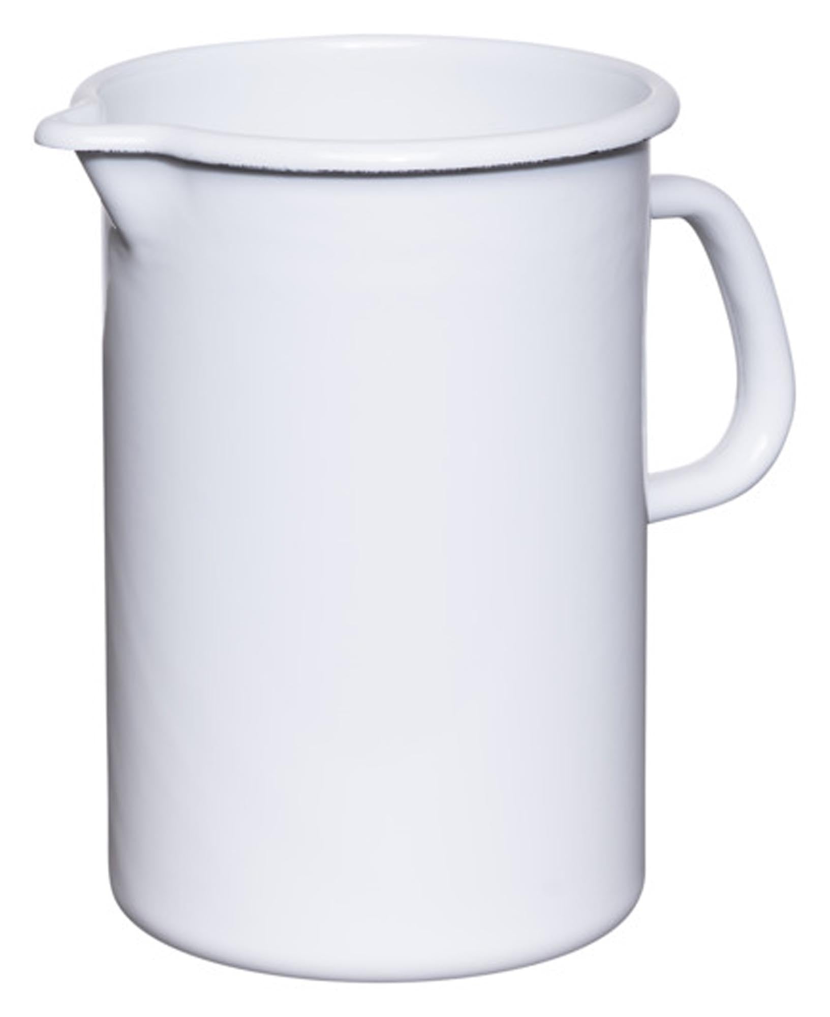 Stilvoller 2L Emaille-Krug von RIESS: robust, leicht, geschmacksneutral, ideal für Milch & Kaffee, rustikale Optik, umweltfreundlich.