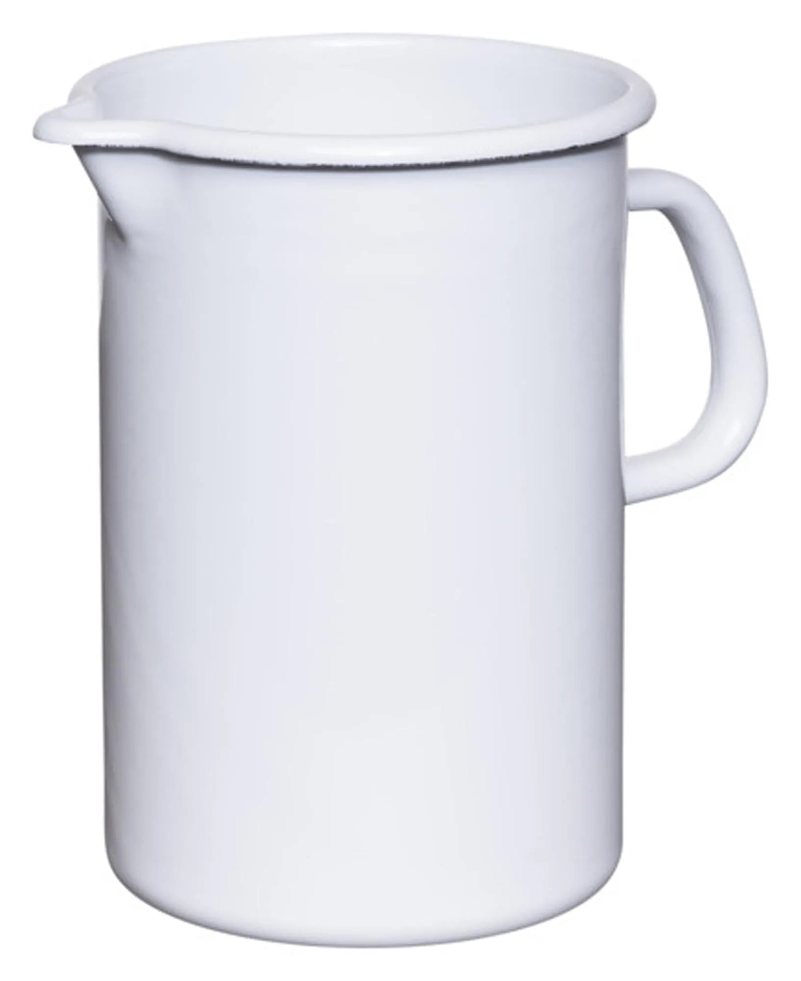 Stilvoller 2L Emaille-Krug von RIESS: robust, leicht, geschmacksneutral, ideal für Milch & Kaffee, rustikale Optik, umweltfreundlich.