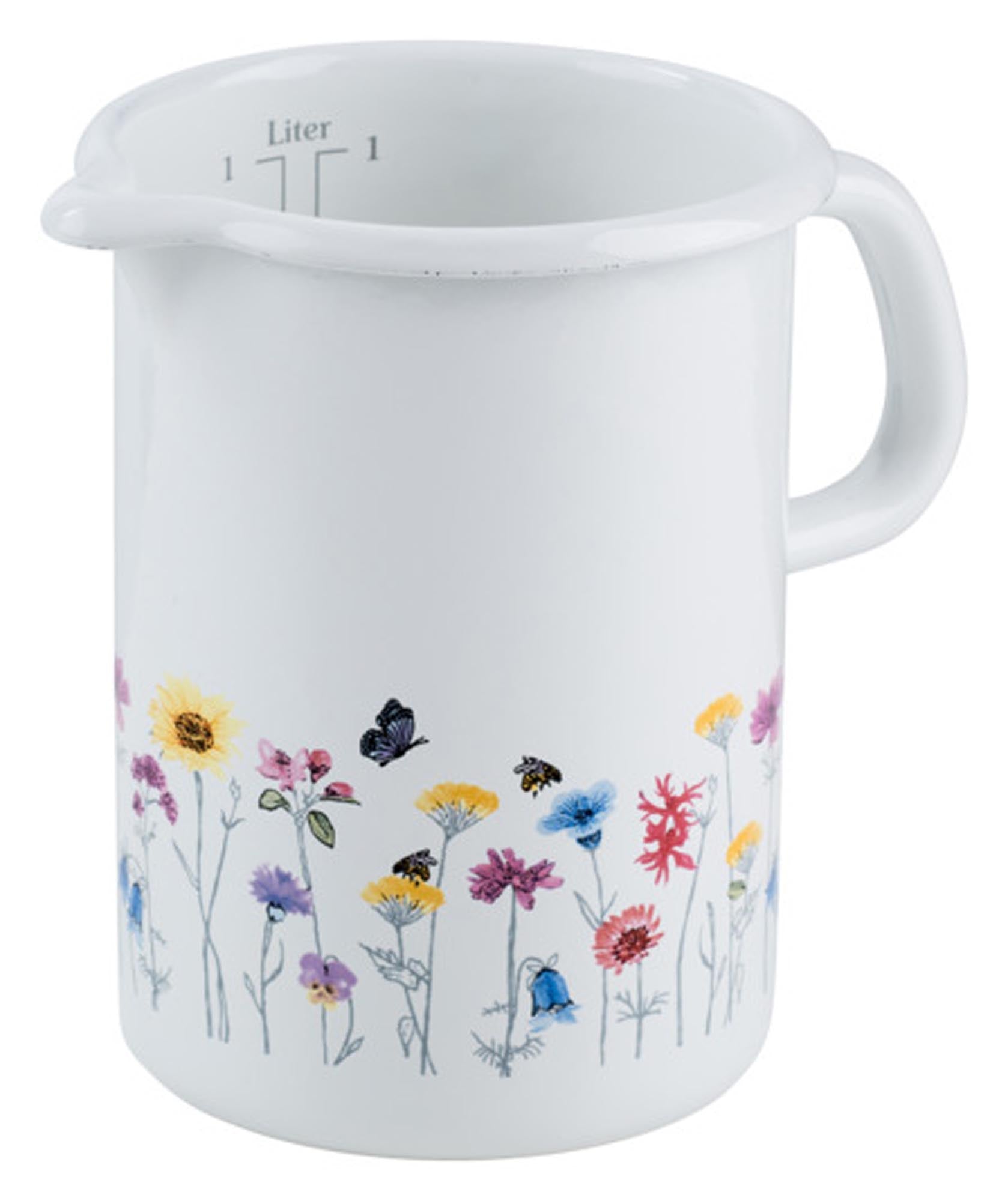 Entdecken Sie den RIESS Messbecher Flora 1 l aus emailliertem Stahl. Robust, kratzfest und ideal zum Abmessen von Flüssigkeiten und Zutaten.