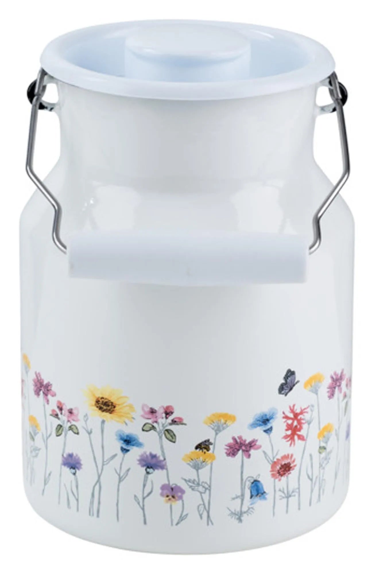 Die RIESS Milchkanne Flora (1.5 l, ø 13x18.5 cm) besticht durch ihr charmantes Design, langlebigen emaillierten Stahl und praktischen Deckel.
