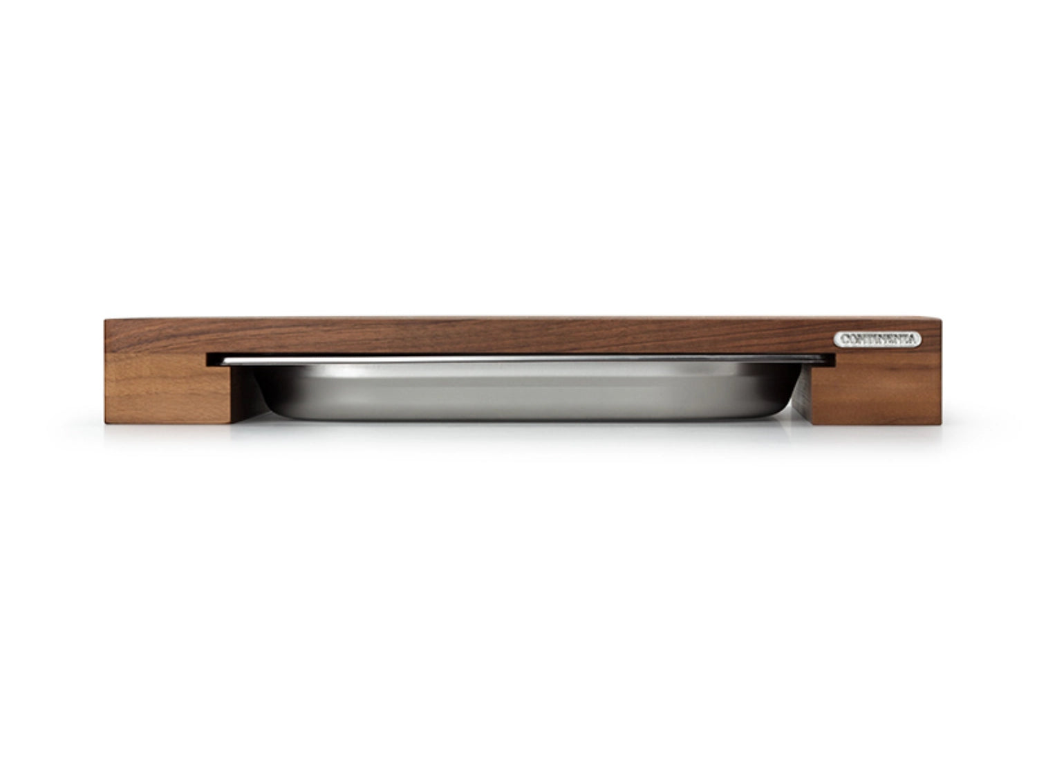 Elegantes Walnuss-Schneidebrett mit praktischer Edelstahl-Schublade, perfekt für die moderne Küche. Maße: 48x32.5x6 cm.