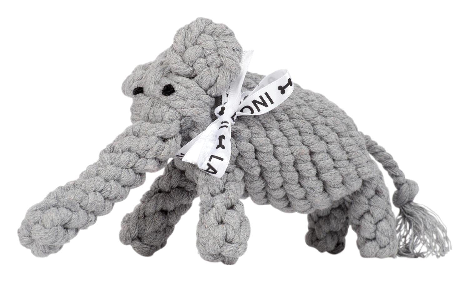 Elton Elefant Jr. von Laboni: Robustes, umweltfreundliches Hundespielzeug aus 100% Baumwolle mit Quietschfunktion für Spielspaß und Zahnschonung.