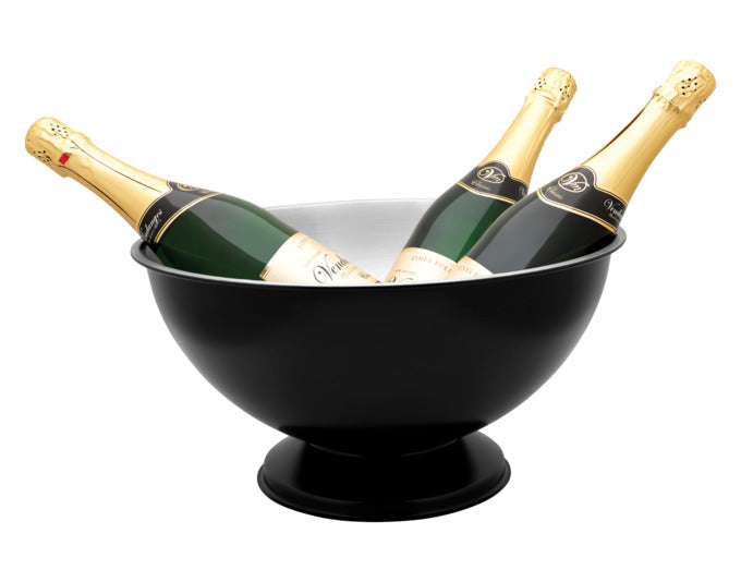 Eleganter Champagnerkühler aus mattschwarzem Edelstahl, 35 cm Durchmesser, ideal für stilvolle Anlässe und kühle Getränke.