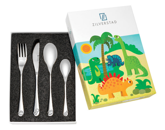 Das ZILVERSTAD Kinderbesteck Dinosaurier, 4-teilig, ist ideal für Kinder. Mit Dino-Motiven macht Essen Spaß und fördert Selbstständigkeit.