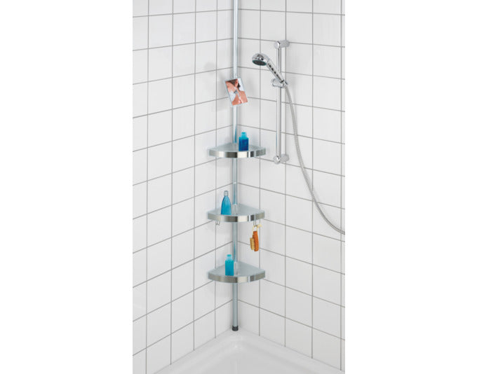 Praktisches Teleskop-Duscheckregal von WENKO, höhenverstellbar von 70-260 cm, mit Ablagen für Duschutensilien.
