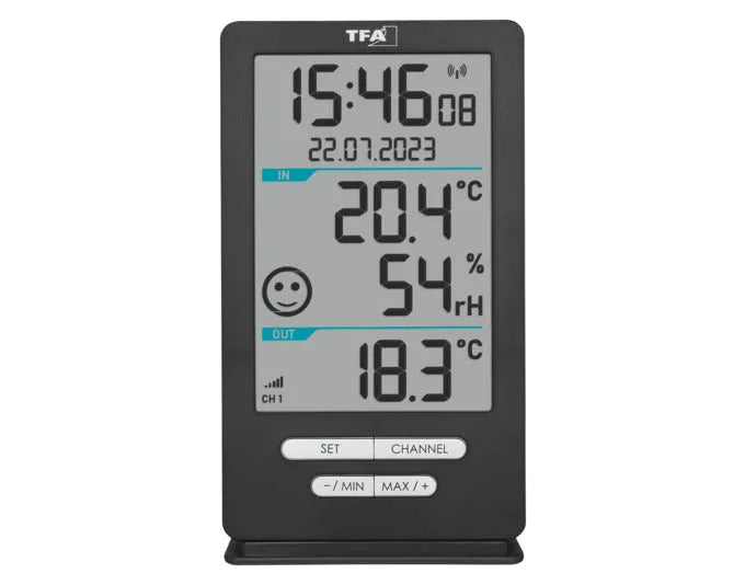 Funk-Thermometer Xena Home von TFA, anthrazit, misst -40 bis +60°C, kompakt 14.5x8.2x4.7 cm, ideal für Innen- und Außenbereiche.