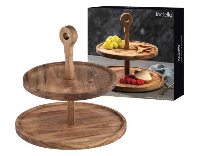Elegante runde Etagere aus Akazienholz, ideal für stilvolle Präsentationen. Maße: 30x30x27,5 cm. Hochwertig und dekorativ.