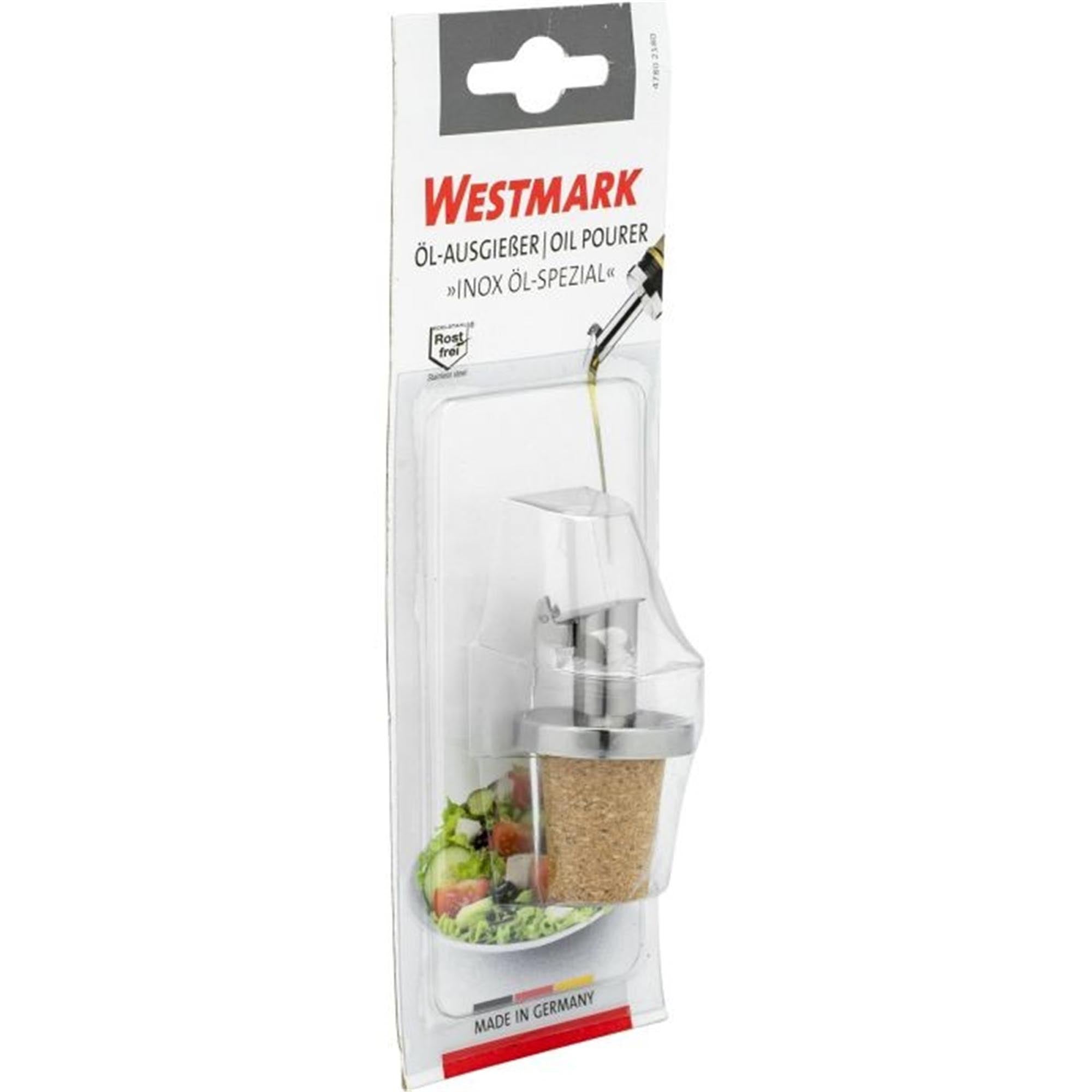Praktischer Öl- und Essigausgiesser mit Korkverschluss und Käppchen, ideal für präzises Dosieren, von Westmark, auf Blisterkarte.