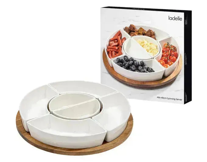 Elegantes 7-teiliges Schalenset auf Drehteller, ideal zum Servieren und Teilen. Perfekt für stilvolle Präsentationen.