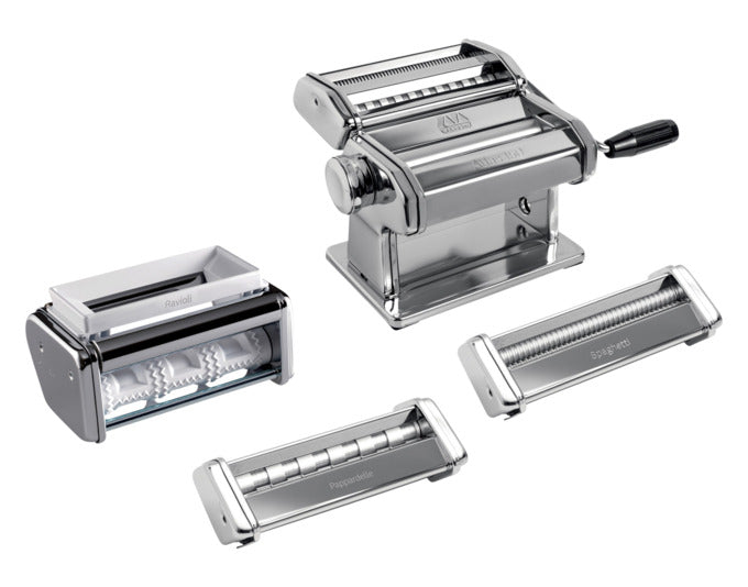 MARCATO Nudelmaschine Atlas 150 Multipast Set 3 Zubehör Spaghetti, Pappardelle Lisce, Ravioli in  präsentiert im Onlineshop von KAQTU Design AG. Küchengerät ist von MARCATO