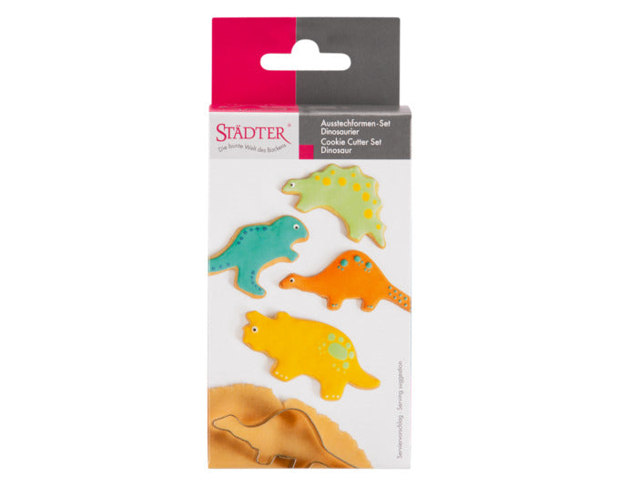 Ein 4-teiliges Dinosaurier-Ausstecher-Set von STÄDTER, ideal für kreative Backideen, mit Größen von 7,5 bis 9,5 cm.